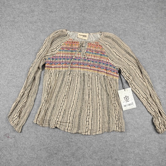 Savanna Jane Tops - Savanna Jane Blouse Womens Small Beige Embroidered Boho Long Sleeve Tunic Top